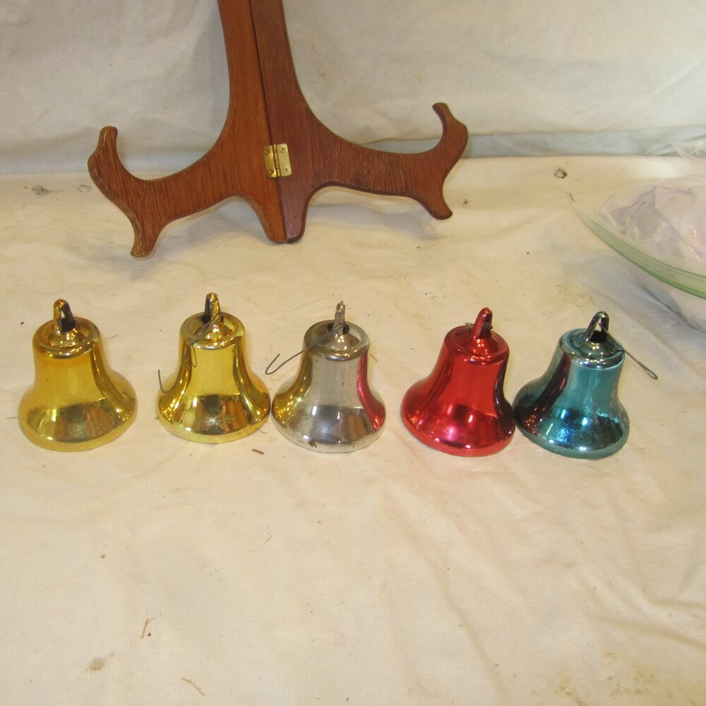 RETRO VTG PLASTIC BELL ORNAMENTS, VARIED COLORS, SET OF 5